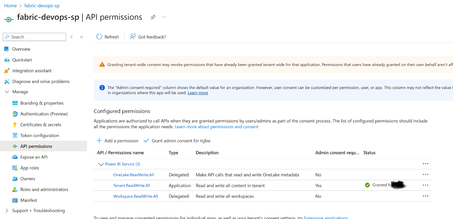 This image shows the "API permissions" page for an Azure Active Directory application named **fabric-devops-sp** in the Azure portal. - The left sidebar contains navigation options such as Overview, Quickstart, Integration assistant, and others under the "Manage" section, including API permissions (highlighted). - The main pane displays a list of configured API permissions for the app. - There are three permissions listed under "Power BI Service": - **OneLake.ReadWrite.All** (Delegated, no admin consent required) - **Tenant.ReadWrite.All** (Application, admin consent required and granted) - **Workspace.ReadWrite.All** (Delegated, no admin consent required) - Status icons indicate which permissions have been granted. - There are informational messages about tenant-wide consent and admin consent requirements at the top.