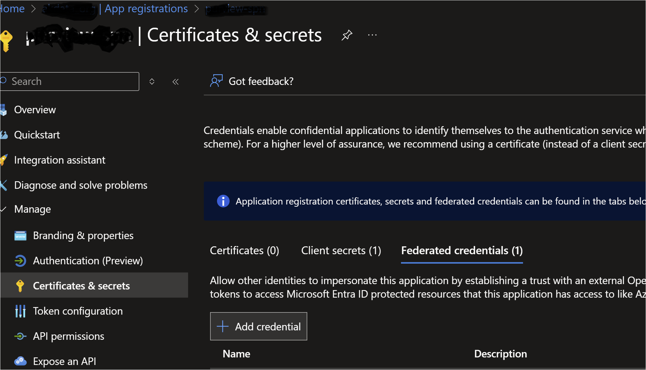 This image shows the "Certificates & secrets" section of an Azure App Registration named **purview-spn** in the Azure portal. The left sidebar lists options like Overview, Quickstart, Integration assistant, Diagnose and solve problems, Branding & properties, Authentication, Certificates & secrets (highlighted), Token configuration, API permissions, and Expose an API. The main pane displays three tabs: Certificates, Client secrets, and Federated credentials (selected). It explains that federated credentials allow other identities to impersonate this application by establishing trust with an external OpenID provider. There is an "Add credential" button and a table for listing federated credentials, which currently has one entry.
