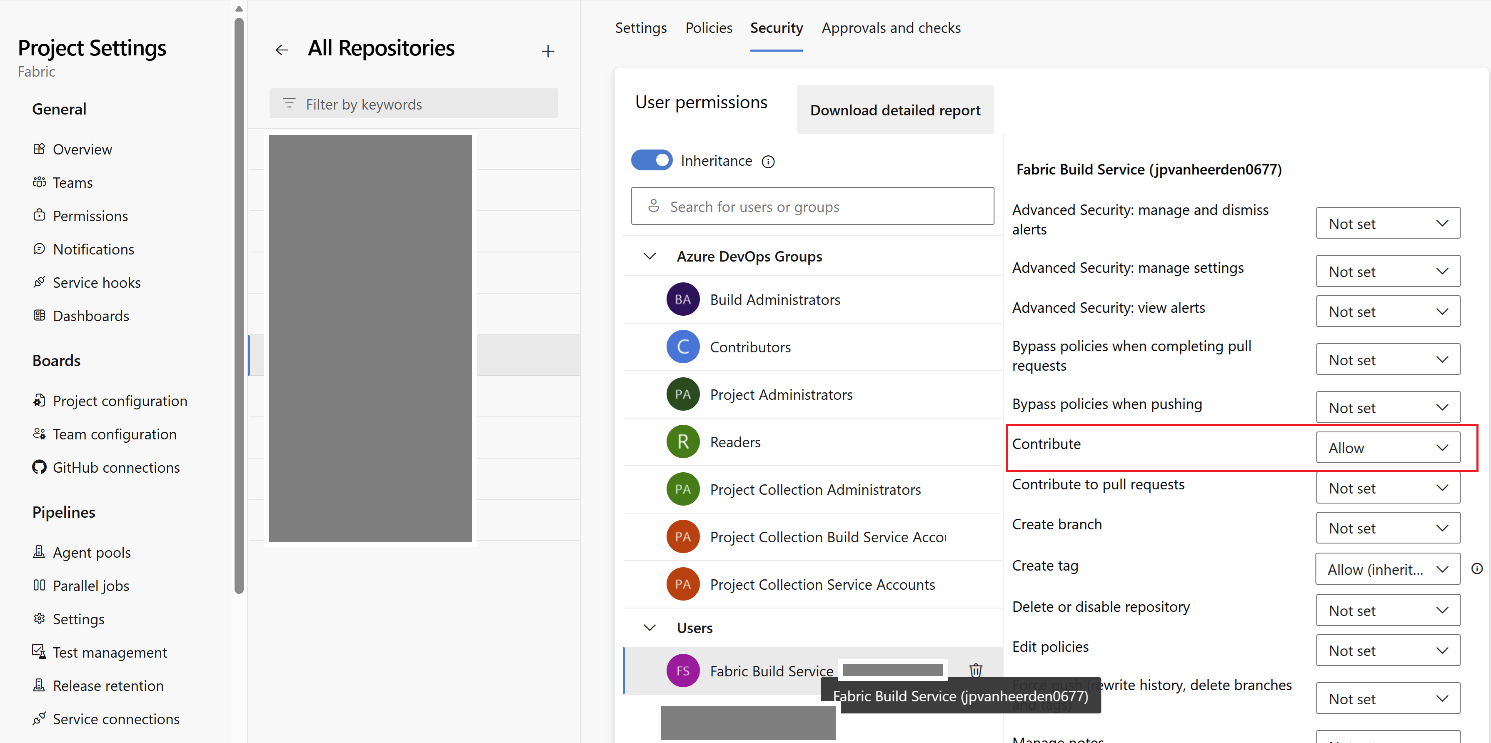 This image shows the **Security** settings for a repository in **Azure DevOps**. On the left, the **Project Settings** menu is visible, listing options like Overview, Teams, Permissions, Boards, Pipelines, and more. In the center, a list of repositories is displayed, with "if_demo" selected. On the right, the **User permissions** panel is open for the "Fabric Build Service (jpvanheerden0677)" user. Various permissions are listed, such as "Advanced Security: manage and dismiss alerts," "Bypass policies when pushing," and "Contribute." The "Contribute" permission is highlighted and set to "Allow." Other permissions are mostly set to "Not set." The panel also shows Azure DevOps Groups and individual users.