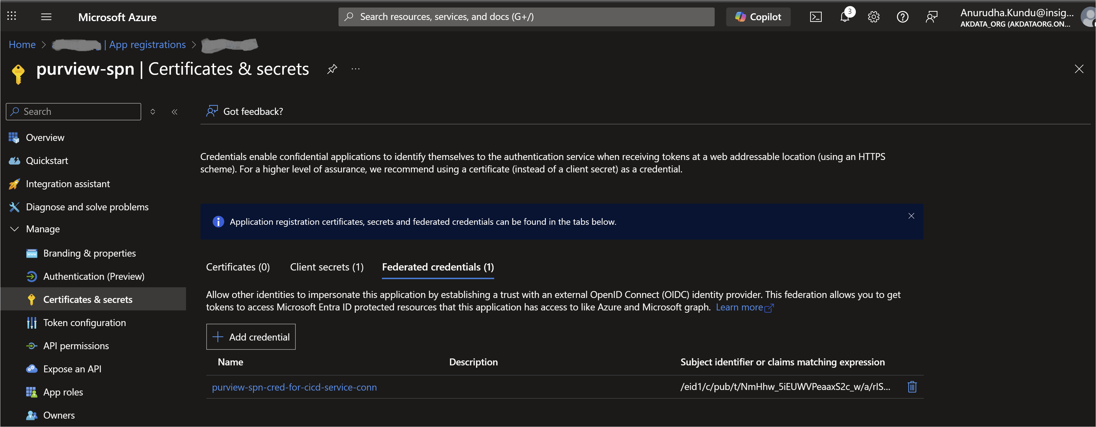 This image shows the **Certificates & secrets** section of an Azure App Registration named **purview-spn** in the Microsoft Azure portal. The left sidebar displays navigation options like Overview, Quickstart, Integration assistant, and others under the "Manage" category. The main pane is focused on managing credentials for the application, with tabs for **Certificates**, **Client secrets**, and **Federated credentials**. The **Federated credentials** tab is selected, showing one federated credential named **purview-spn-cred-for-cicd-service-conn** with its subject identifier or claims matching expression partially visible. There are options to add new credentials and delete existing ones. The top bar includes search, feedback, and user account information.