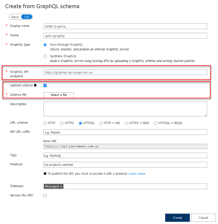 Azure APIM Passthrough GraphQL Creation Screen