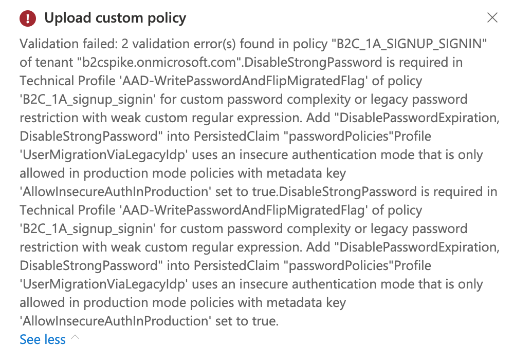 Custom Policies Validatiom Error